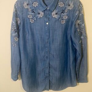 J. Jill Blue Denim Shirt with Floral Details